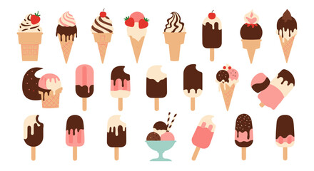A delightful collection of assorted ice cream cones and popsicles offering a variety of flavors and toppings for everyone to enjoy during warm weather.
