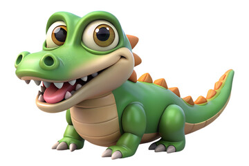 Cheerful cartoon baby crocodile character with big eyes and happy expression in 3D style on transparent background