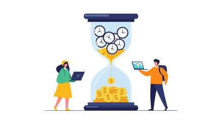 Time is money people managing tasks with hourglass and digital devices.