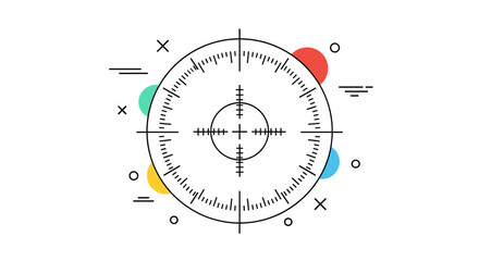 A futuristic digital aiming scope with crosshairs and concentric circles on a white background with colorful circles and abstract shapes.