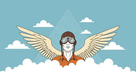 An aviator with feathered wings soars majestically above the clouds.