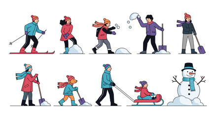Winter activities with children playing in the snow and building a snowman.