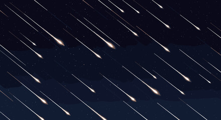 A stunning celestial event unfolds as numerous glowing meteors streak across the dark night sky filled with tiny stars.