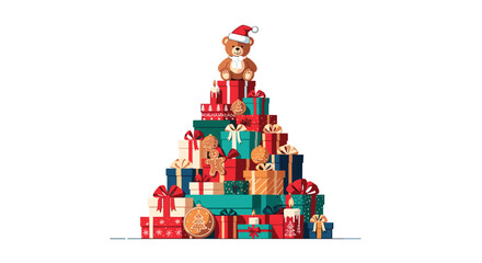 A Christmas tree made of colorful gift boxes topped with a teddy bear wearing a Santa hat.