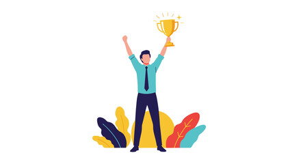 A person is celebrating success by holding a trophy above their head with raised hands.