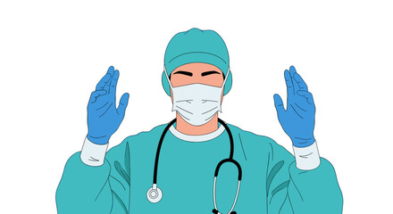 A medical professional wearing a surgical mask and gloves stands with hands raised, symbolizing preparedness and protection for healthcare workers.