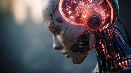 Futuristic Female Android Profile with Glowing Red Internal Components and Intricate Mechanical Detail