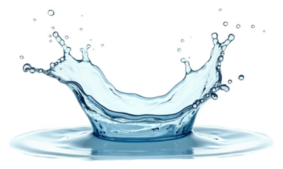 Water splash in a crown shape with droplets, isolated on a transparent background for freshness and purity concepts.