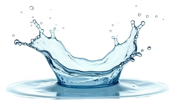 Water splash in a crown shape with droplets, isolated on a transparent background for freshness and purity concepts.
