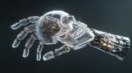 Translucent skull hand robotic design with visible internal mechanisms on a dark gray background.