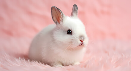 Obraz premium Fluffy White Bunny, Pink Background