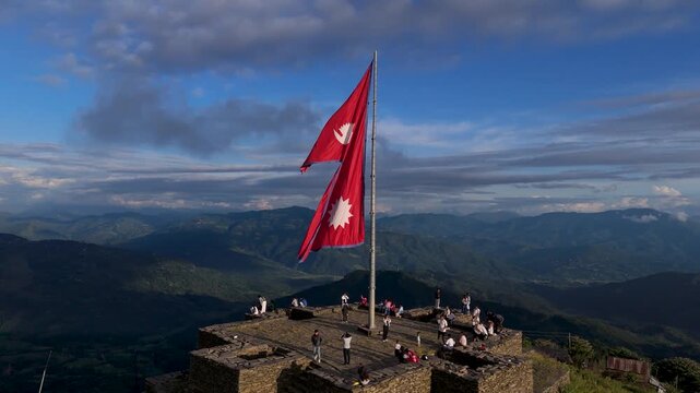 Nepal flags on the top of the mountain. Nepal National Flag. 
