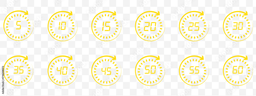 Wall mural set of circular countdown timer icons from 5 to 60 minutes. timer, clock, stopwatch and cooking time