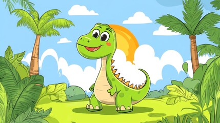 Naklejka premium Happy dinosaur smiles in tropical jungle sunset; kids book illustration