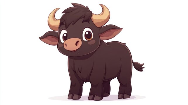 Cute cartoon baby yak standing against white background, for children's book illustration or website design