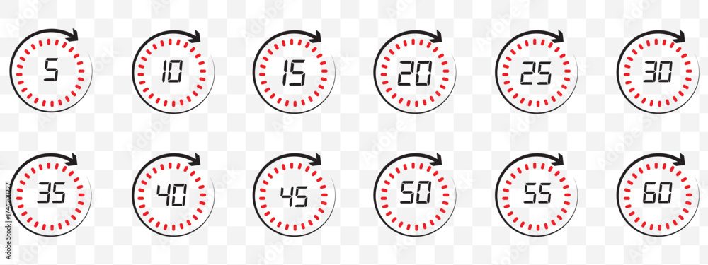 Poster set of circular countdown timer icons from 5 to 60 minutes. timer, clock, stopwatch and cooking time