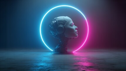 Futuristic AI Robot Head Surrounded by Neon Lights Against a Dark, Moody Background Image.