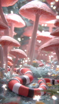 Tall mushrooms bathed in bioluminescent light rise from mossy ground, creating an otherworldly forest glow. The composition captures wonder and serenity in balance.