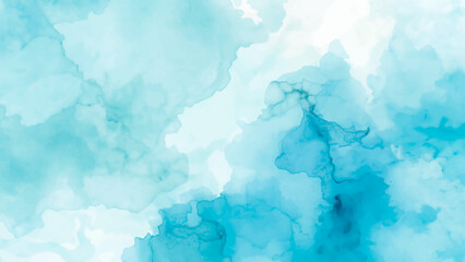 Ethereal Abstract Blue and Cyan Watercolor Wash Background with Subtle Indigo Marbling and Flowing. Fluid texture with smooth gradients and cloud.