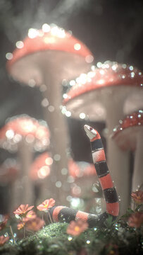A cluster of glowing mushrooms emerging from the misty forest floor, bathed in soft pink and amber light. The composition blends natural forms with a fairytale-like atmosphere.