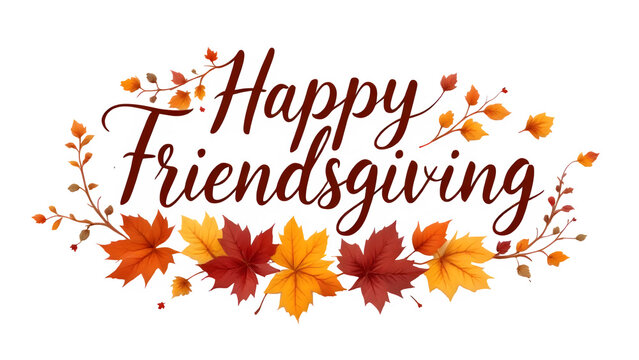 Happy Friendsgiving Typography with Autumn Leaves, isolated on transparent background