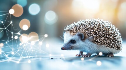 Hedgehog exploring network, bokeh background, digital future