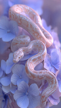 A macro fantasy portrait of a snake basking under subtle pink and blue lighting, surrounded by petals. The shot highlights smooth scales with a pearlescent sheen, enhancing the dreamlike ambience.