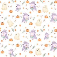 Cute Watercolor Halloween Owl and Ghost Pattern with Pumpkins