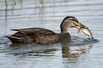 Fototapeta premium American Black Duck Catching Fish Isolated
