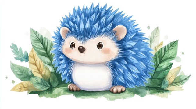 Blue hedgehog watercolor illustration, foliage background, cute animal, children's book