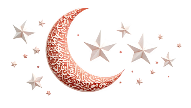 Islamic Crescent Moon and Stars 3d rendered, isolated on transparent background