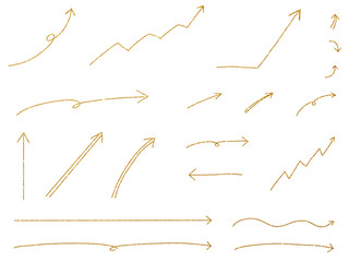 金色：シンプルな手描きの矢印の素材セット
