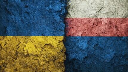 Ukrainian and Russian Flags Painted on Textured Wall Symbolizing Conflict and Political Tension.