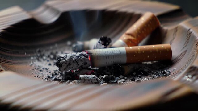 Smoldering Cigarettes in Ashtray A Close-Up of Smoke & Ash