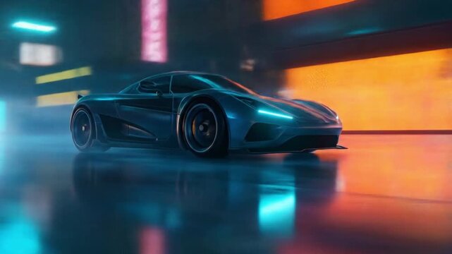 Futuristic hypercar racing through neon-lit city streets at night, showcasing sleek design and speed