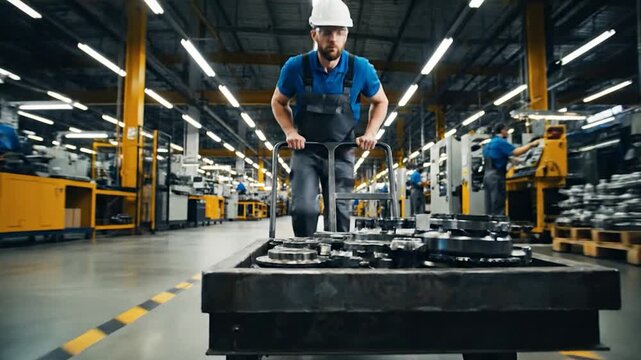 Industrial worker transporting materials on push cart in modern factory