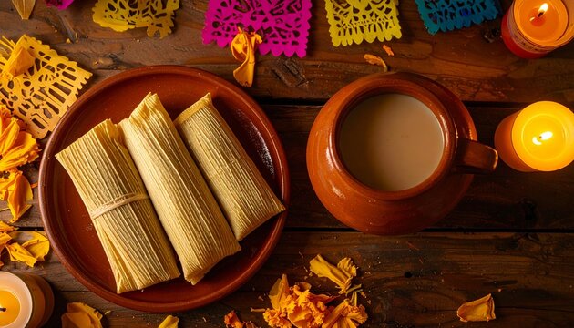 Top down view of a rustic clay plate with tamales a steaming mug of atole beside papel picado