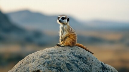 Meerkat perched on rock, African savanna landscape, wildlife, nature photography, possible use in educational materials or travel advertising