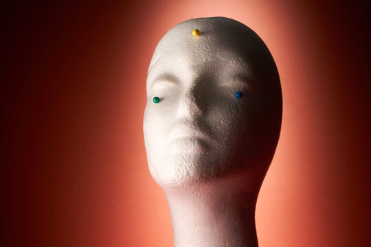 Female mannequin head cork on red background