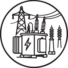 Electrical Substation icon, power generation symbol, energy transformer icon, black circle vector for electricity, grid, industry, current, voltage, power line, distribution, energy, utility