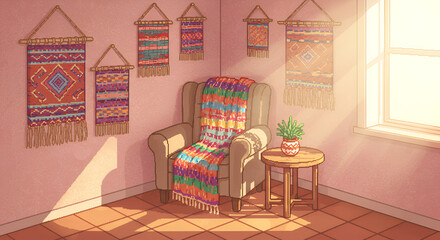 Cozy Armchair with Colorful Textile Cover in Sunlit Room with Wall Hangings and Potted Plant