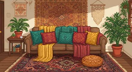 Cozy Living Room Sofa with Colorful Cushions and Bohemian Decor