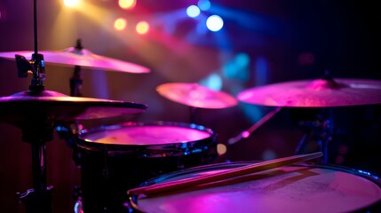 Obraz premium Drum set on stage illuminated by colorful spotlights, cymbals shining and drumsticks resting on snare, vibrant live music performance atmosphere perfect for concert or event promotion