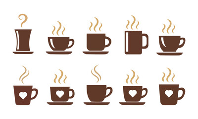 Hot Coffee Cup Icons Set with Steam - Flat Design Chocolate Brown Vector Collection