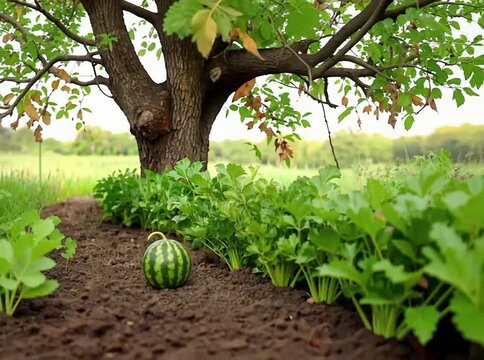 Small watermelon growing in a garden patch.