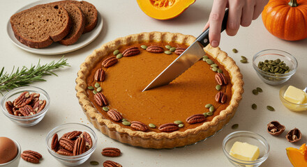 Cutting into a delicious homemade pumpkin pie