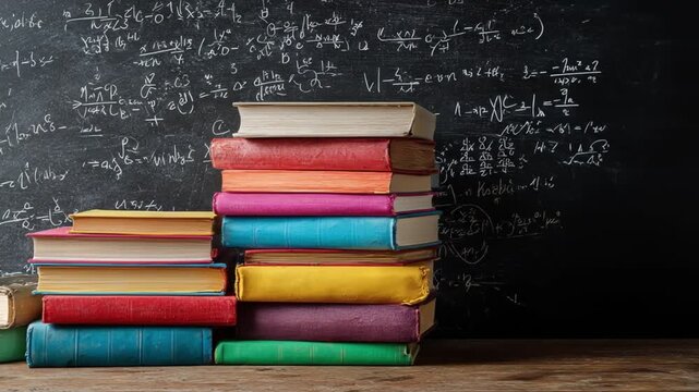 A vibrant stack of colorful books on a wooden table with mathematical equations on a chalkboard - Powered by Adobe