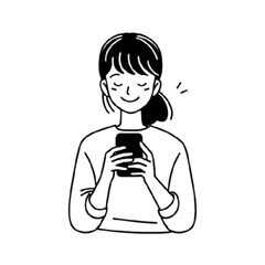 Hand-drawn style line art illustration of a smiling woman looking at her smartphone