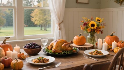 Thanksgiving feast set on a wooden table with pumpkins and flowers.