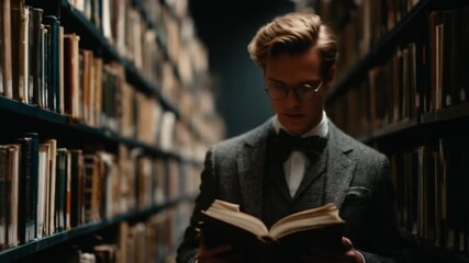 Young man in a library reading an old book surrounded by shelves of vintage literature - Powered by Adobe